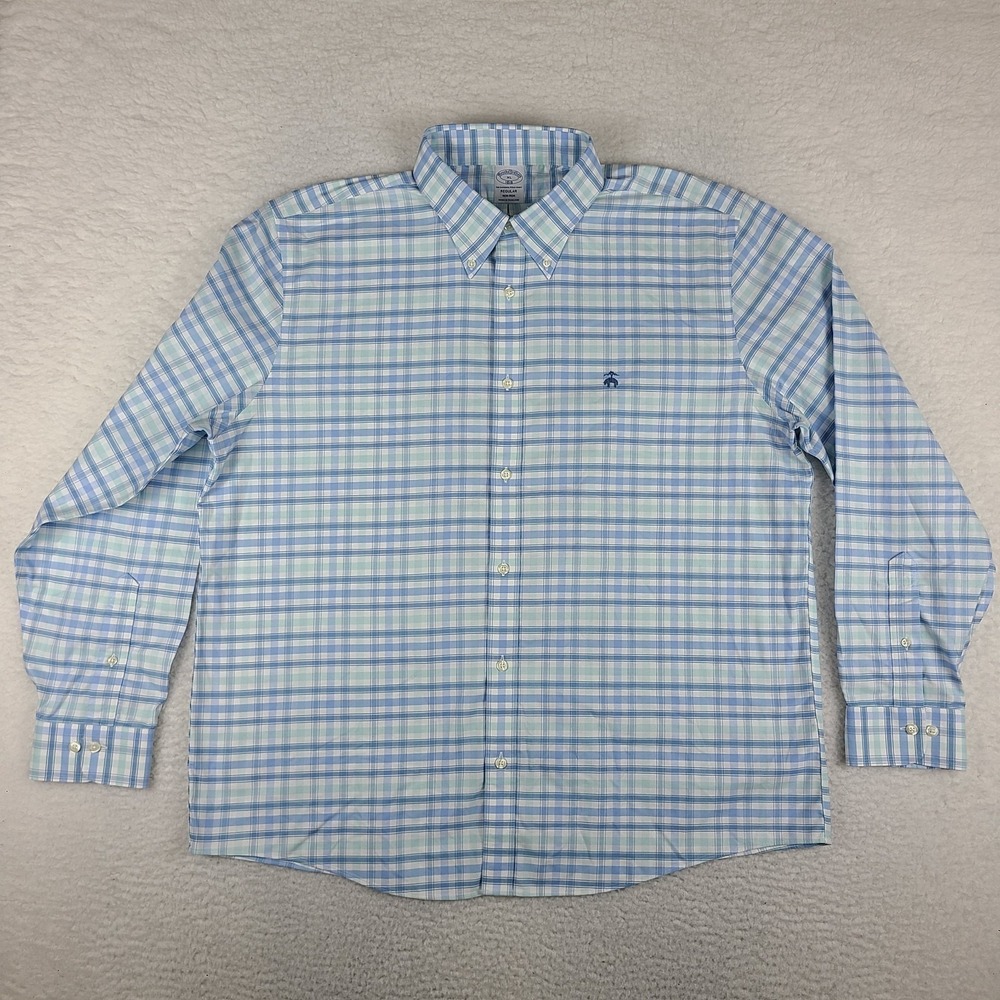 Brooks Brothers Shirt Mens XL Blue Teal Plaid Oxford Regular Fit Dress Button Up